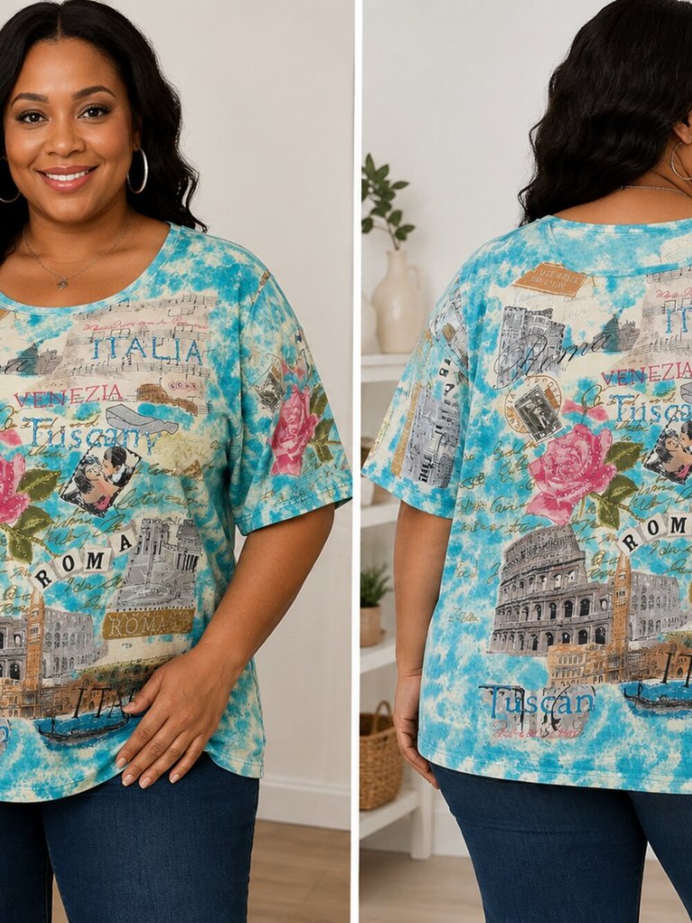 Liz & Me 5X Plus Size Italy Rome Tuscany Embellished Graphic Cotton Top